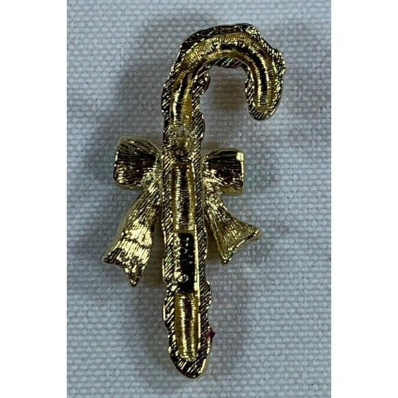 Vintage Avon Candy Cane Brooch 1.25" Signed Red Gold Tone Christmas Pin Bow - Picture 4 of 8